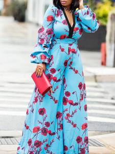 Women's Floral Print Bishop Sleeve Wide Leg Jumpsuit, Elegant Deep V Neck Long Sleeve Jumpsuit for Party Holiday Wedding Guest, Ladies Clothes for All Seasons