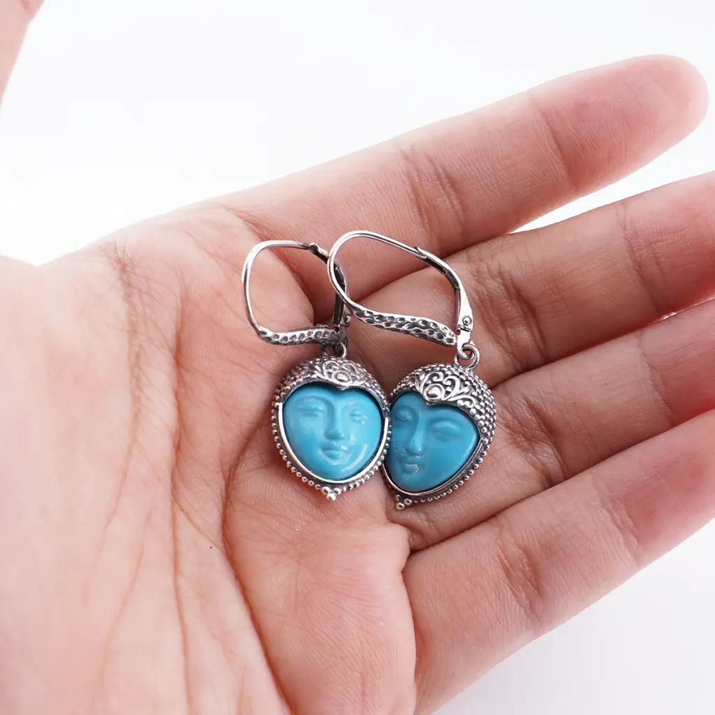 Anting Hook Wanita Perak Asli 925 Turquoise Natural Motif Wajah Wajhana