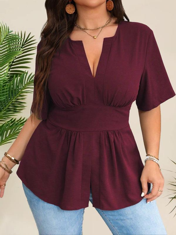 【Plus Size】 Solid Notched Neck Blouse, Casual Short Sleeve Top for Summer, Women's Clothing for Daily Wear 2