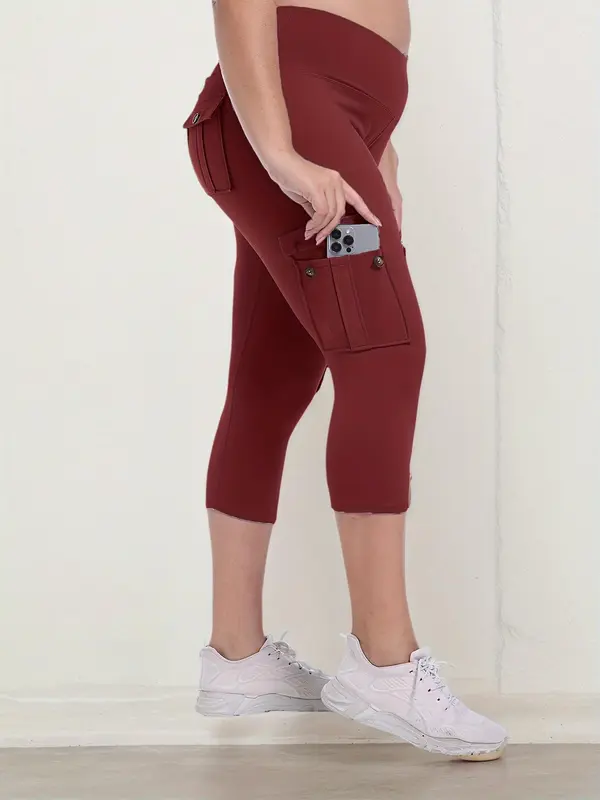 Women's Plain High Waist  Sports Capri Leggings, High Stretch  Casual Comfortable  Breathable Multi-pocket Skinny Pants for Yoga Gym Workout Running, Ladies Sportswear for All Seasons 6