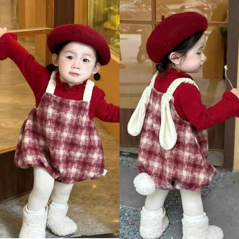 Áo + yếm Body yếm đỏ phối tai thỏ dễ thương cho bé gái mặc thu đông tết noel