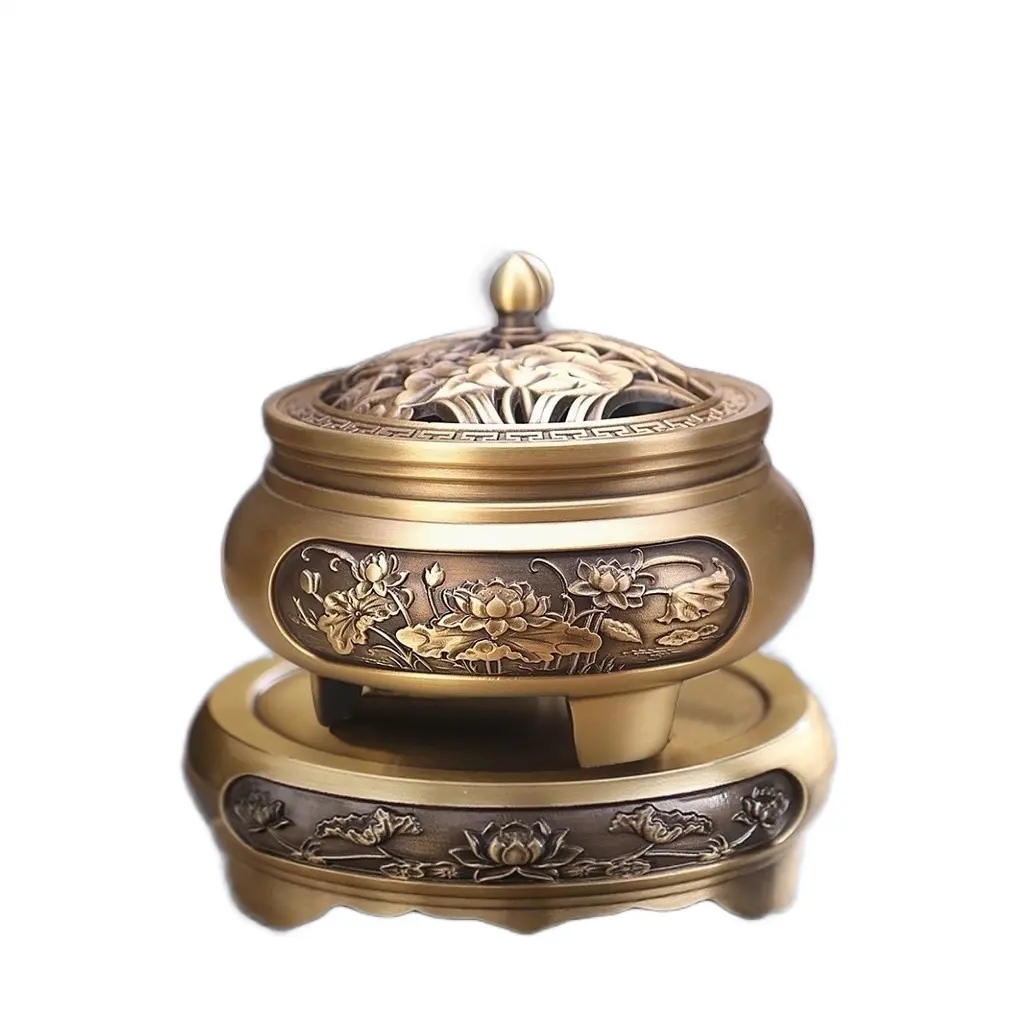 Bộ lư xông trầm bằng đồng đúc điêu khắc hoa sen đồng nhất tinh tế, sang trọng nặng 850g  ( quà kèm theo là miếng trầm bỏ ví Tài Lộc) Dầu Thơm Phòng Dầu Thơm Nước Hoa