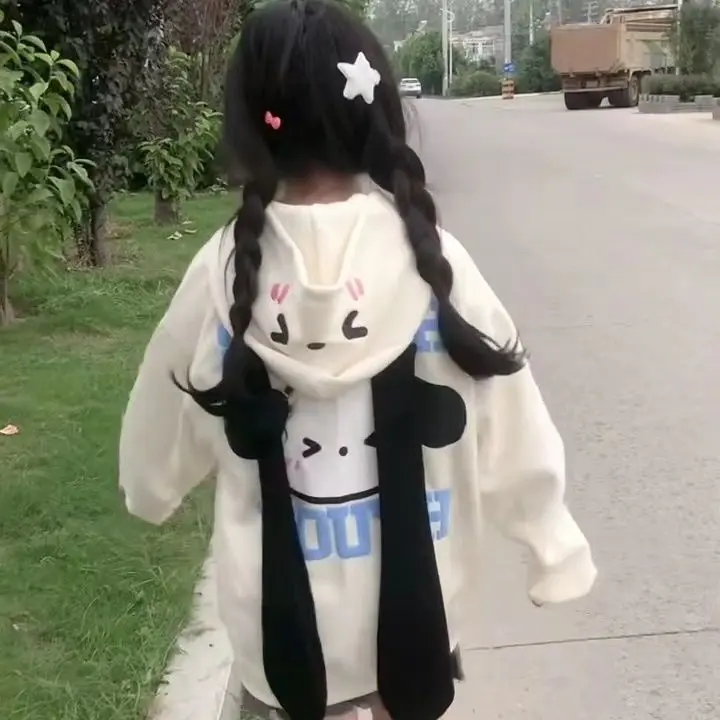 Áo Khoác Có Mũ Trùm Đầu, Phong Cách Hàn Quốc, Chống Lão Hóa, Mùa Thu Mới, Lót Lông Cừu, Tai Dài, Hợp Xu hướng, Dáng Rộng Rãi Và Thường Ngày, Phong Cách Cô Gái Nóng Bỏng, Áo Cardigan, Dành Cho Nữ Top Hoodie 5
