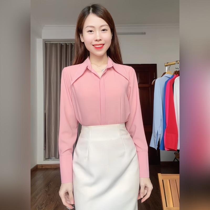 Áo Sơ Mi Cổ Đức Vạt Nhọn Form Basic Lụa Tằm Ý mềm mại [BẢO HÂN DESIGN] Áo sơ mi công sở nữ mangset tay cao, nẹp khuy - A24.015 somi hot Women Top
