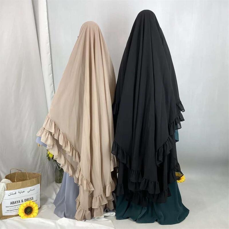 Product Introduction of Ramadan Chiffon Maxi Khimar Abaya Two Layers Ruffles Long Niqab Muslim Hijab Prayer Clothes Overhead Tie Back Plain Scarf Turban 19