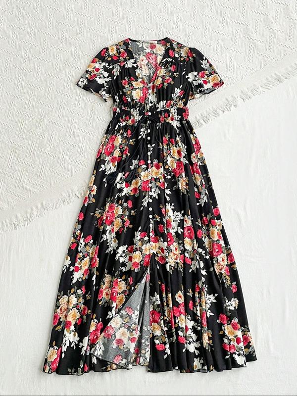 Floral Print Tie Button Front A Line Long Dress, Chic Sun Dress, Frenchy Dress in Club, Dresses, Boho V Neck Long Milkmaid Dress, Homecoming Dresses, Shortsleeve Dresses for Women, Boho Clothes Women 7