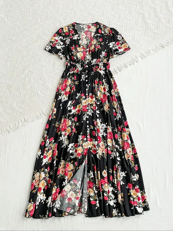Floral Print Tie Button Front A Line Long Dress, Chic Sun Dress, Frenchy Dress in Club, Dresses, Boho V Neck Long Milkmaid Dress, Homecoming Dresses, Shortsleeve Dresses for Women, Boho Clothes Women 7