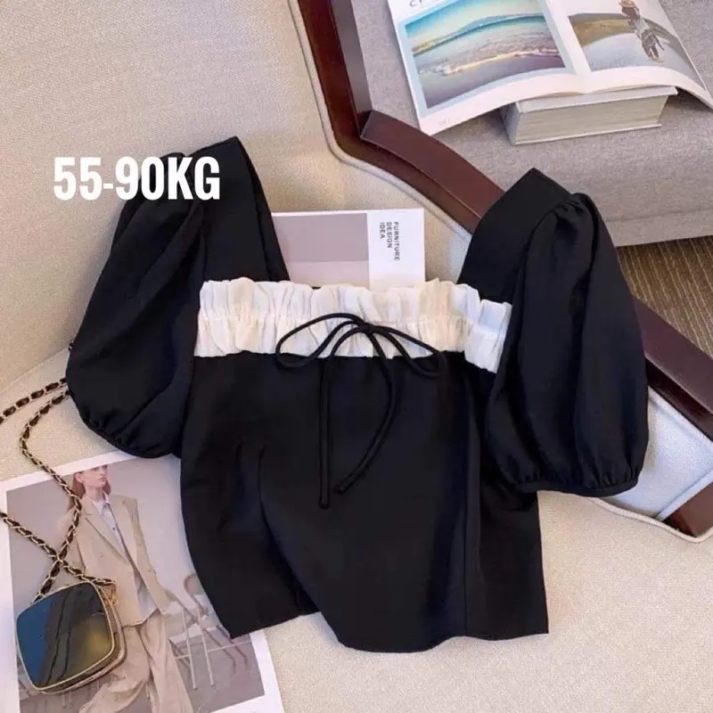 Áo croptop bigsize, áo kiểu tay phồng cổ vuông viền trắng thắt nơ ở ngực 45-90kg AC10 Sơ Mi Nữ