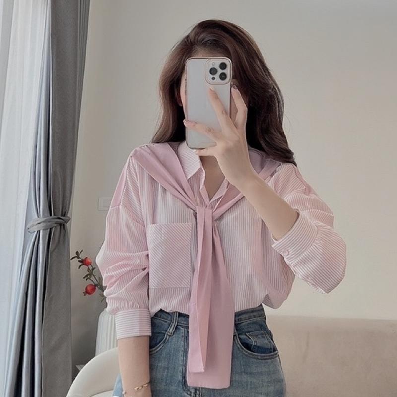 Áo sơ mi khăn dài tay kẻ sọc nhỏ kK11 Top Nữ Women Shirt somisoc aoxinh hot buộc vạt khăn cổ