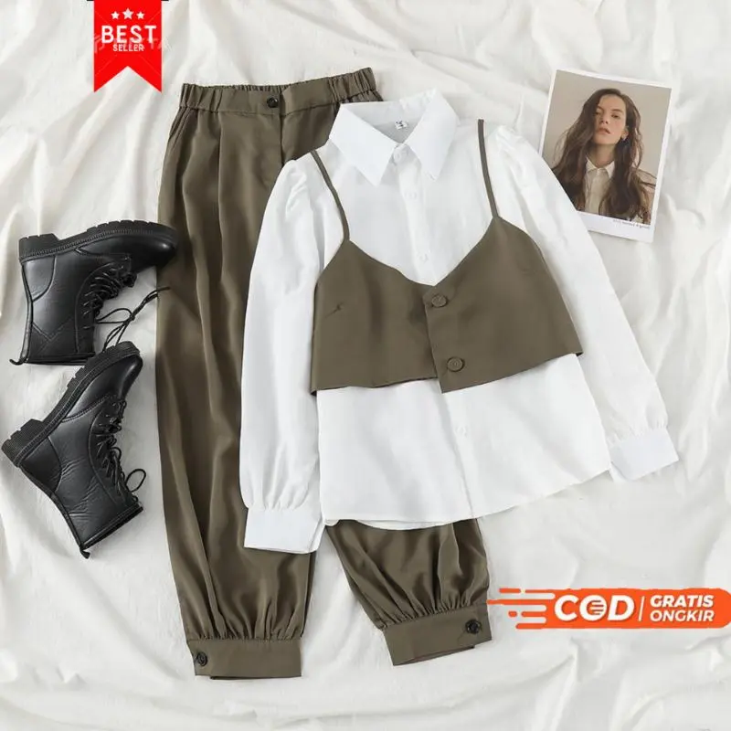 [COD] Baju Setelan Wanita Muslim/Rebeka set/Terbaru Stelan Wanita Remaja Murah Kemeja Di Lapisi Rompi/Setelan  Fashion Wanita Kekinian Viral Celana Bahan Adem COTTON CRINKLE Fit Hitam Kancing Panjang Karet Atasan Dewasa Casual Airflow Tunik Bawahan