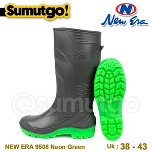 NEW ERA 9508 Neon Green /  NEWERA Sepatu Karet PVC Boot Hujan Tinggi Anti Air / Sepatu Petani Proyek Pabrik Kebun Waterproof Hijau Hitam