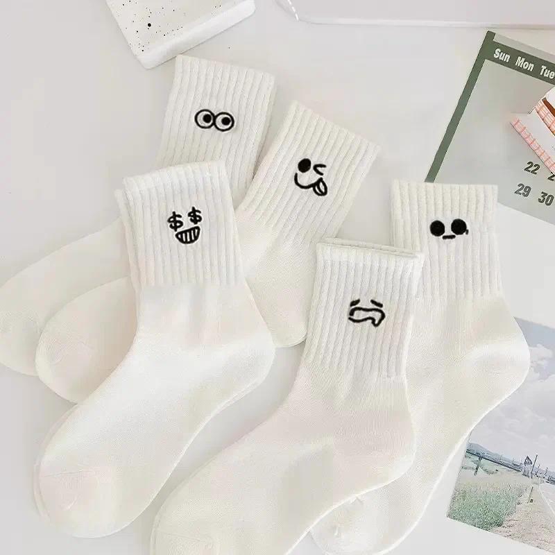 Product Introduction of 5pairs Cute Emotional Expressions Women's Sock White Kawaii Stocking Embroidered Mid Length Socks Breathable Sports Sox 16