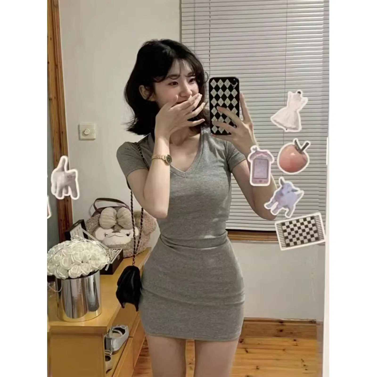 Pure Want Wind Skinny Sheath V-neck Dress Short Skirt Cotton 92% Polycarbaminate Fiber (Spandex) 8% Summer New Waist Slimming Hot Girl Gray