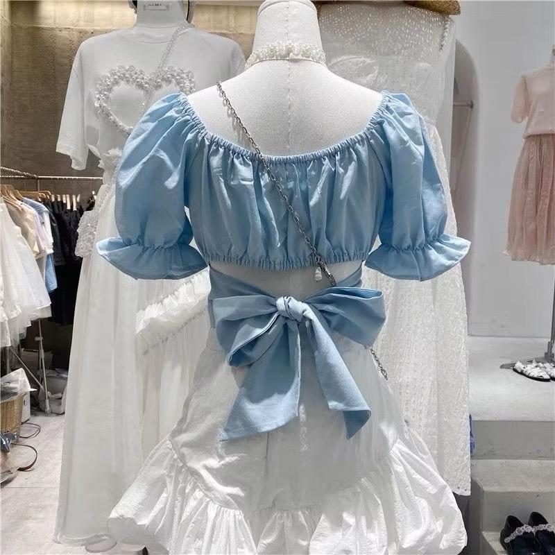 Áo kiểu thắt nơ sau lưng tay ngắn chất voan dáng croptop nhiều màu cho nữ - Women