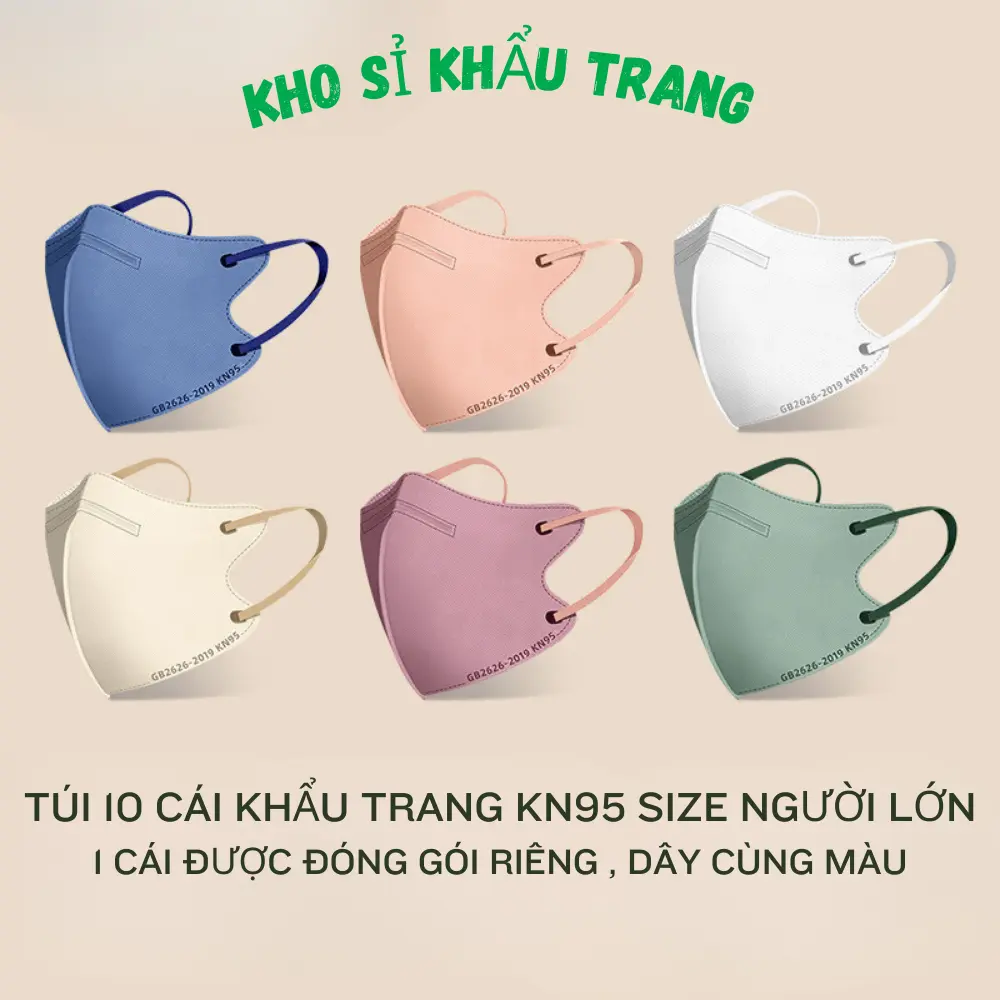 Khẩu trang KN95 túi 10 cái size người lớn được đóng gói riêng từng cái