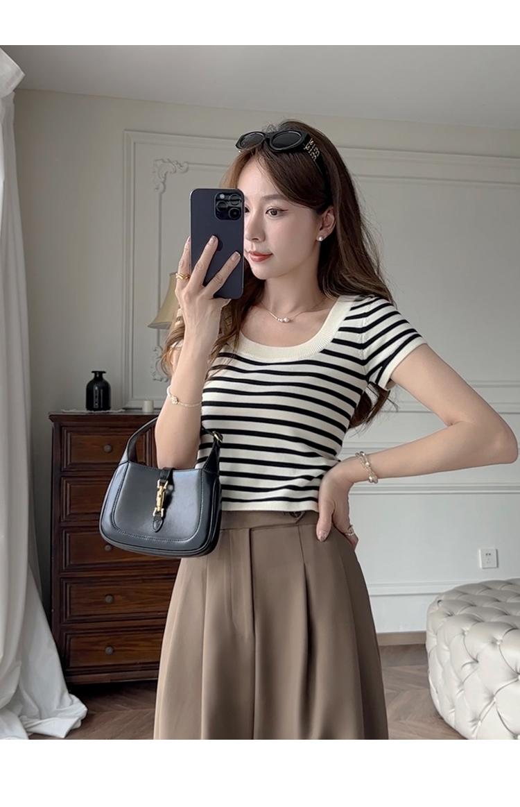 Product Introduction of Striped Short Style Top Design Sense Niche 2024 New Summer Sweet Slim Fit Inner Shoulder Short-Sleeved T-shirt Women's Striped Short-Sleeved Top 12