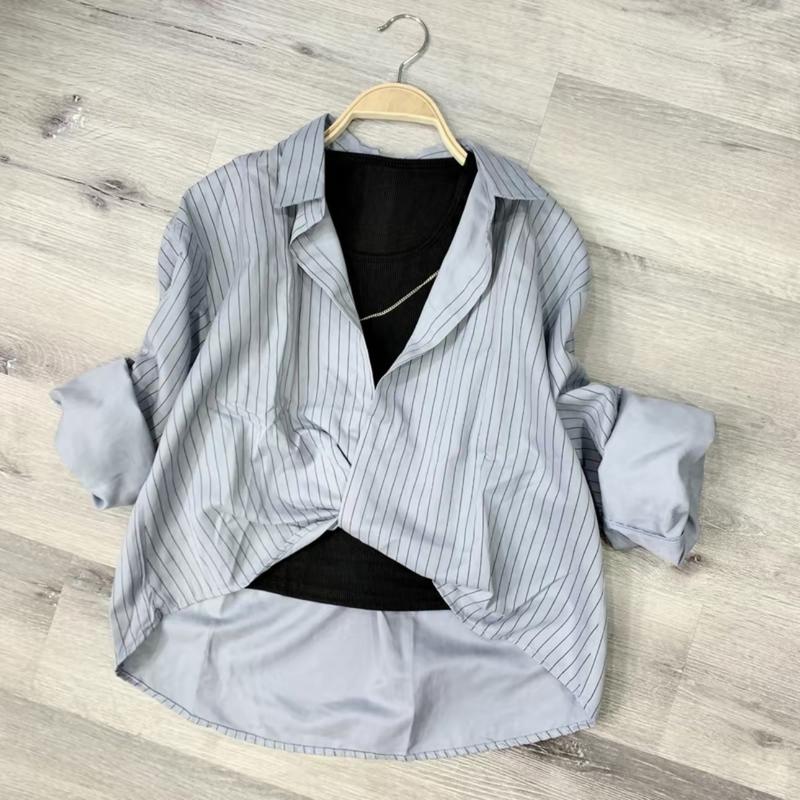 Product Introduction of Áo Sơ Mi Nữ Kẻ Sọc Xoắn Bụng Chất Nhung Mền Mại Phong Cách Hàn Quốc Top Cotton Women Shirt 7