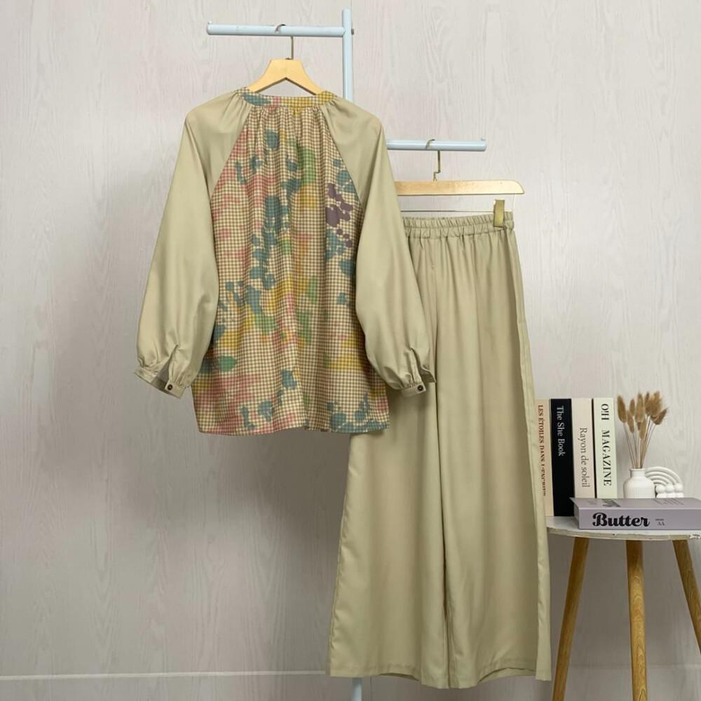 [NEW]Asaya Setelan kemeja dan celana panjang lengan panjang dengan warna blok modis terbaru