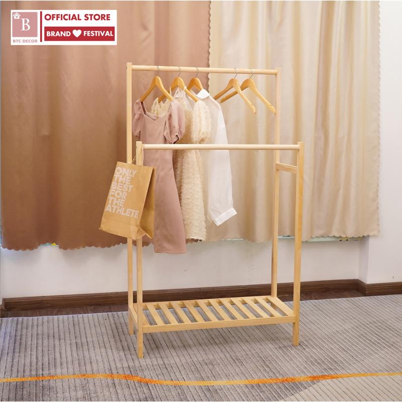 Giá treo quần áo đôi gỗ thông, giá treo khăn spa, decor phòng ngủ KT 150*82*35 cm