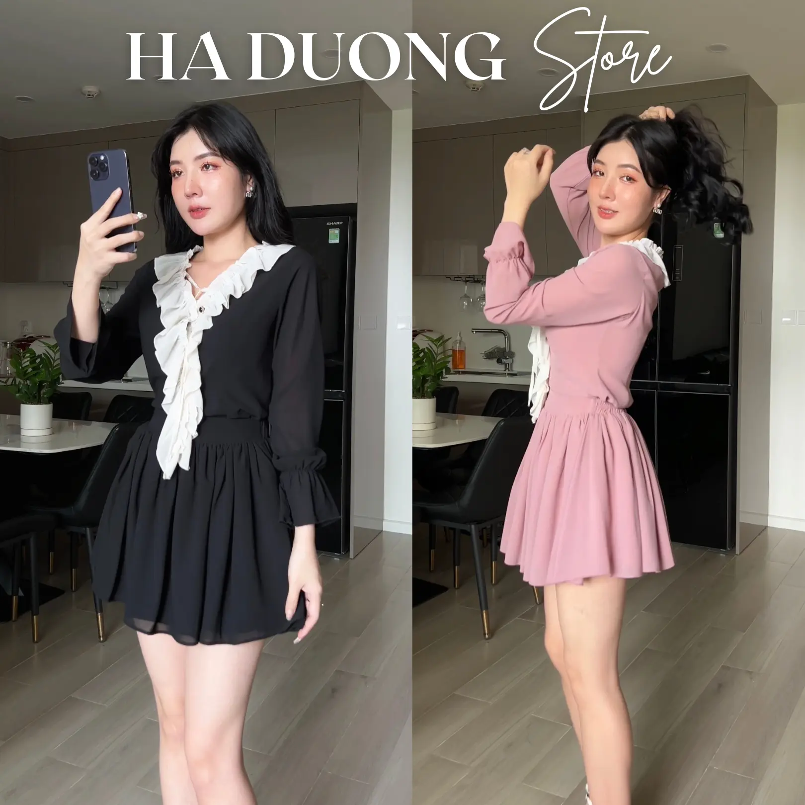 Set Voan Áo Viền Bèo Kèm Chân Váy Xòe Có Lót Quần Hai Lớp Bồng Bềnh Màu Đen Và Hồng Phong Cách Dễ Thương, Tiểu Thư