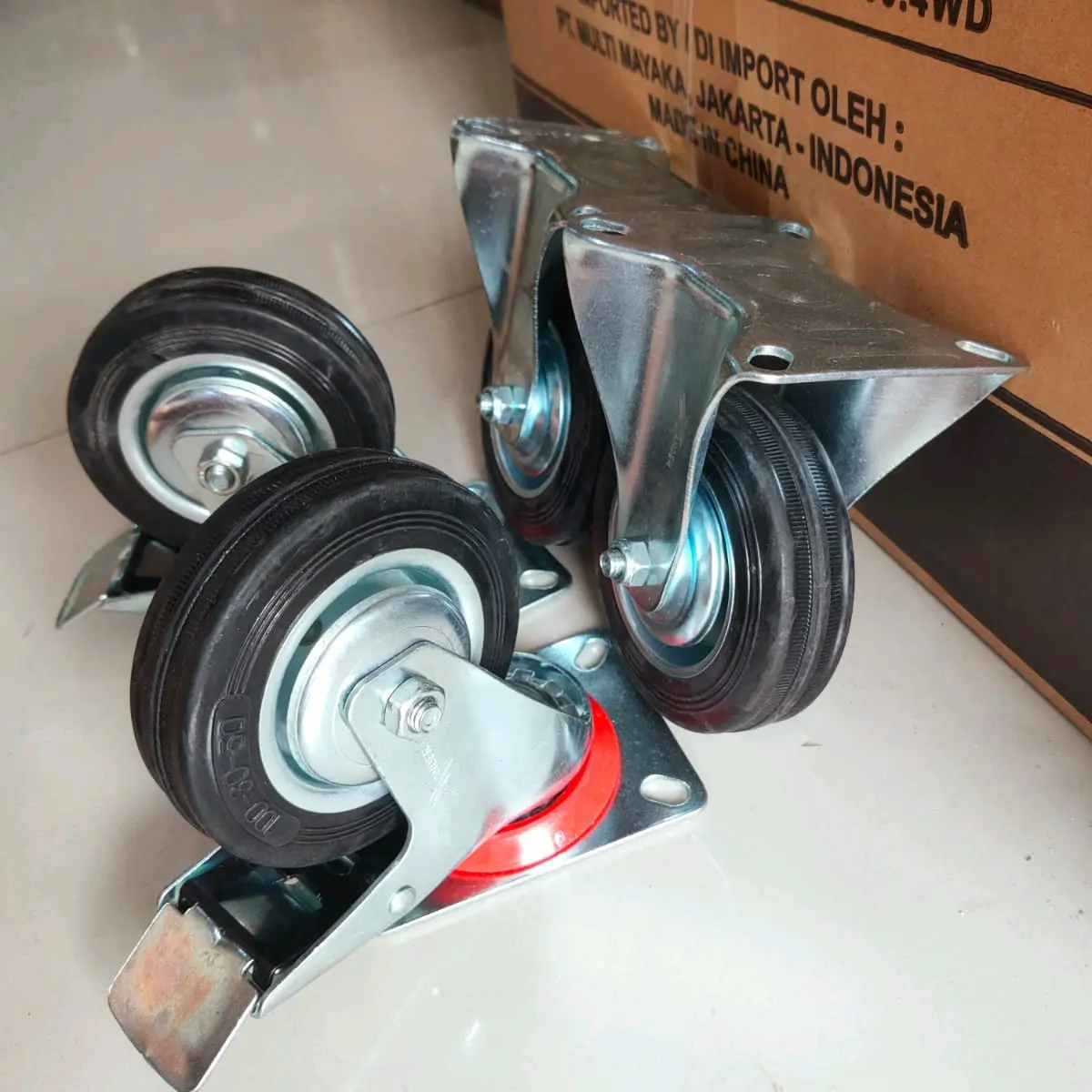 Paket roda karet 4" hitam 2 Rem 2 Mati Roda troli 4pcs set 4in