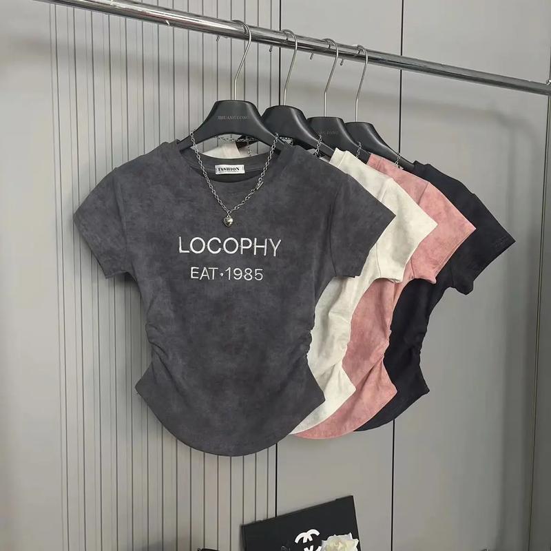 Product Introduction of Internet Hot Summer New Letter Print Short-Sleeve Women 202 400 Match Sweet Hot Girl Slim Fit Slimming Short Top Womenswear Lingerie dressingguide wardrobe essential Lady Casual Comfort Tshirt 3