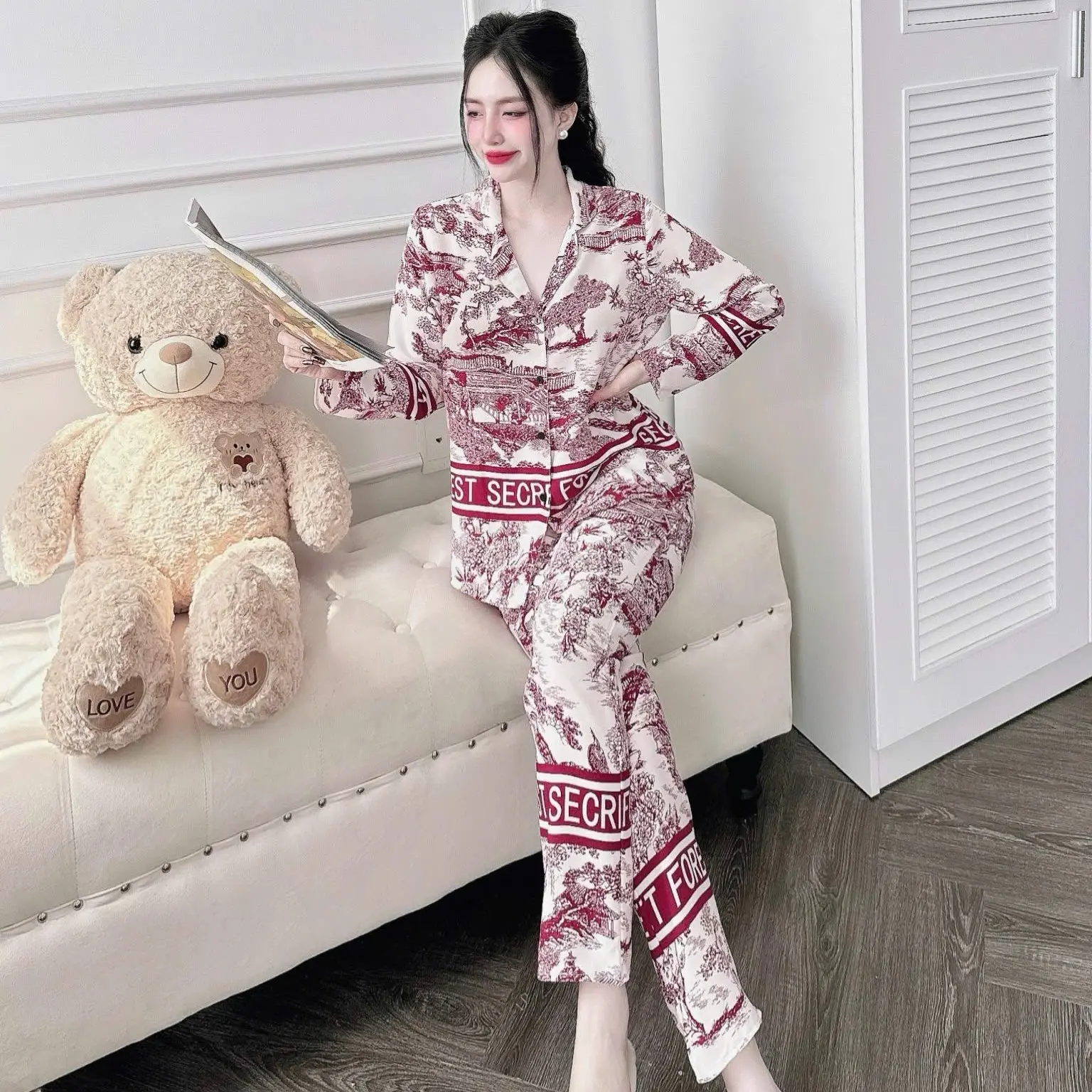 Đồ Bộ Pyjama Lụa Mango Họa Tiết Chim Công Quần Quần Ngủ