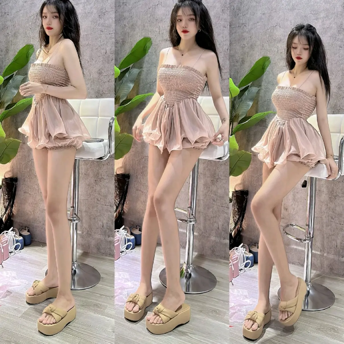 Combo áo voan tơ  hai dây kết hợp quần bí phồng thiêt kế áo bo chun ôm gọn phần trên tạo độ xòe bên dưới có thể che được bụng m90k3