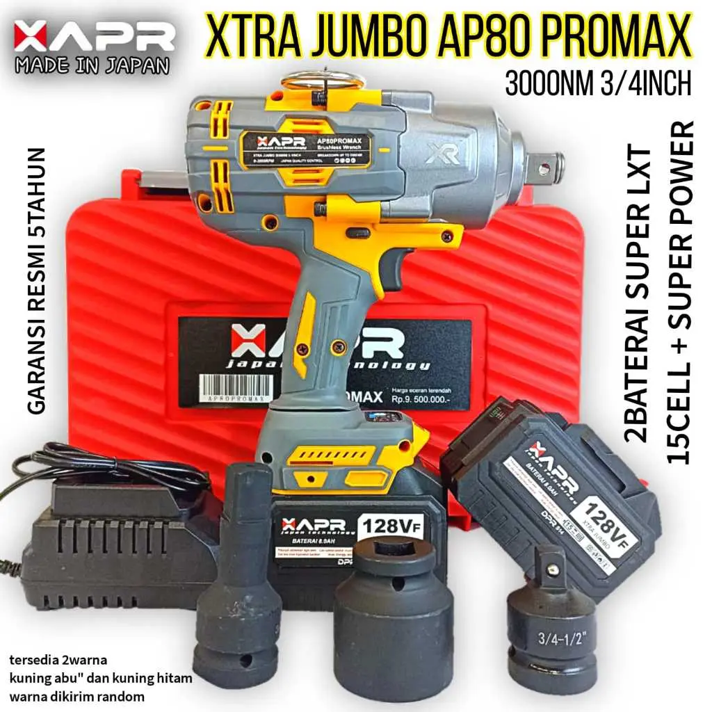 Apr RAJA impact wrench xtra jumbo 3/4inch type AP80 promax 3000NM garansi resmi,AP80PROMAX Dilengkapi 2baterai 15cell super LXT sangat awet dan tenaga besar. Torsi