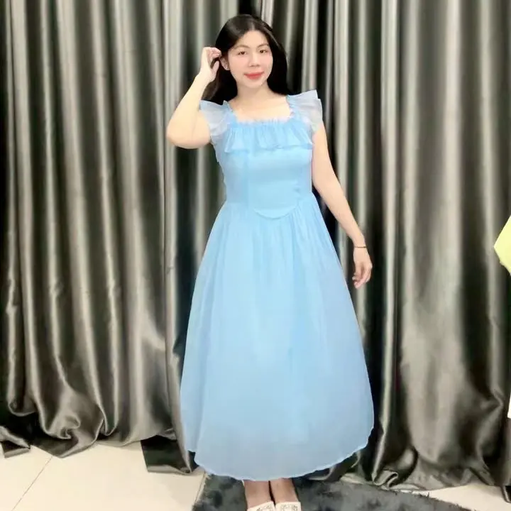 Đầm Maxi 2 Dây Dáng Dài Tay Bèo Bẹt Cổ Vuông Có Độ Co Giãn Nhẹ Thoải Mái Dạo Phố, Đi Biển Tiệc Tùng Voi Nữ 0