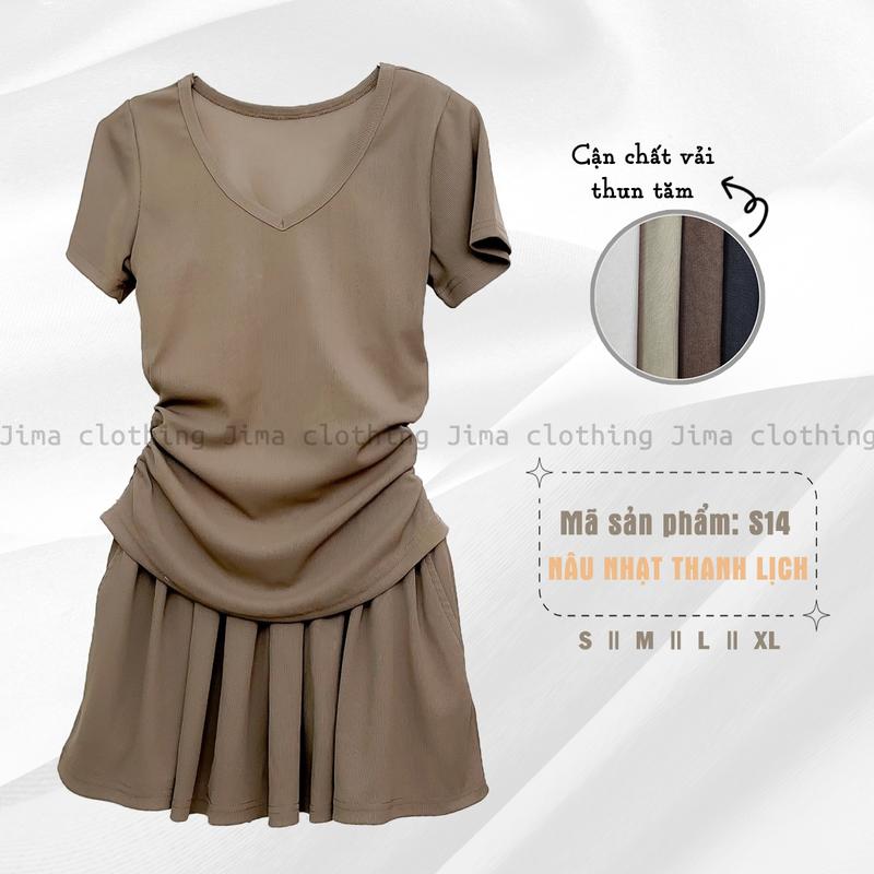 [Set Cổ Tim 01] Set bộ đồ nữ Áo Nhún eo Cổ Tim kèm Quần váy trẻ chất liệu Thun Tăm hàn - Jima 114 Women Kem 3