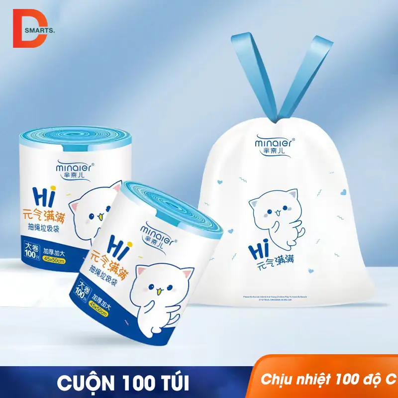 Túi đựng rác dây rút Minaier chống rò rỉ nước, không sợ bẩn tay | Túi đựng rác cuộn 100 túi siêu dai kích thước 45*50cm