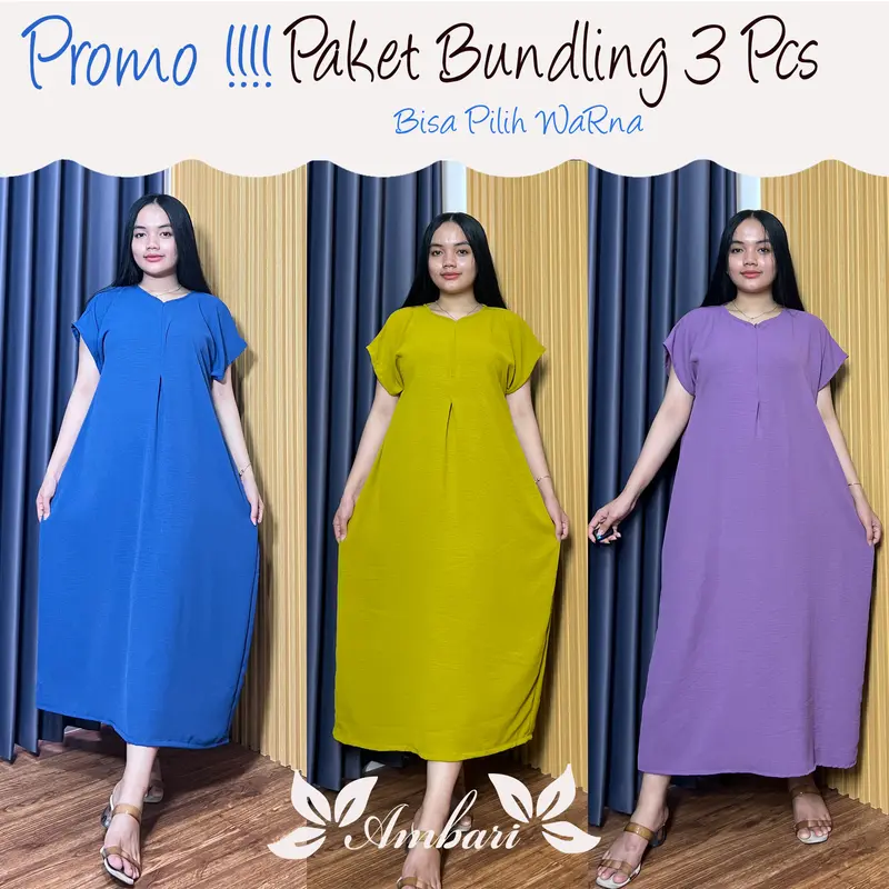 Ambari -Paket 3 Pcs Sematakaki Long Daster Wanita Dress 1