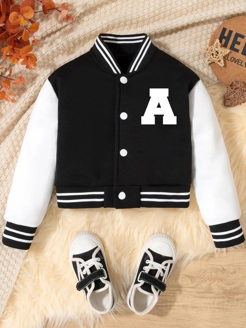 Product Introduction of Girl's Colorblock Letter Print Drop Shoulder Varsity Jacket, Casual Mock Neck Long Sleeve Outerwear for Fall & Winter, Kids Clothes for Daily Wear 6
