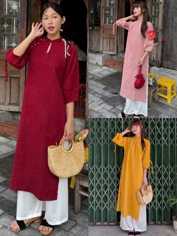 Set áo dài nữ S.211, Set áo daì cách tân cổ tàu đính ngọc trai tay lỡ phối nơ hai bên - Shop Chấm Bi