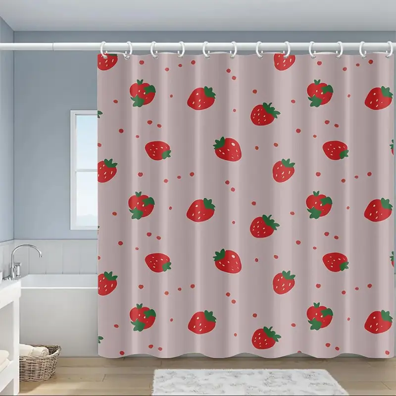 Strawberry Pattern Bathroom Set, 1 Count Shower Curtain Or 4 Counts Shower Curtain & Toilet Cover & Bathroom Mat, Bathroom Accessories for Home Dormitory Hotel Decor 2