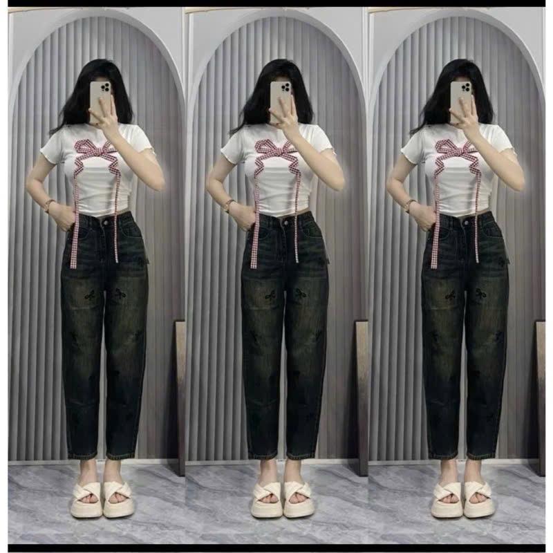 Quần Bò Baggy Jeans Lưng Chun Phối Túi Thêu Nơ, Quần Bò Jeans Denim Nữ Cạp Cao Dáng Baggy Hách Dáng Cực Đẹp 1