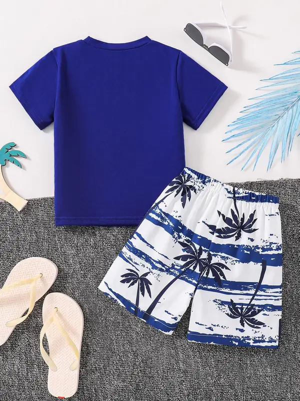 Two-piece Set Boy's Leaf Print Short Sleeve Tee &  Shorts, Casual Summer Clothes for Kids Outdoor Holiday Vacation 1