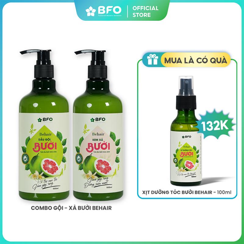 [TẶNG XỊT DƯỠNG TÓC] Combo Dầu Gội Dầu Xả Tóc BFO Behair 500ml Tinh Dầu Bưởi Giúp Dưỡng Tóc Giảm Gãy Rụng Kích Mọc Tóc Chắc Khỏe Suôn Mượt Nữ Women