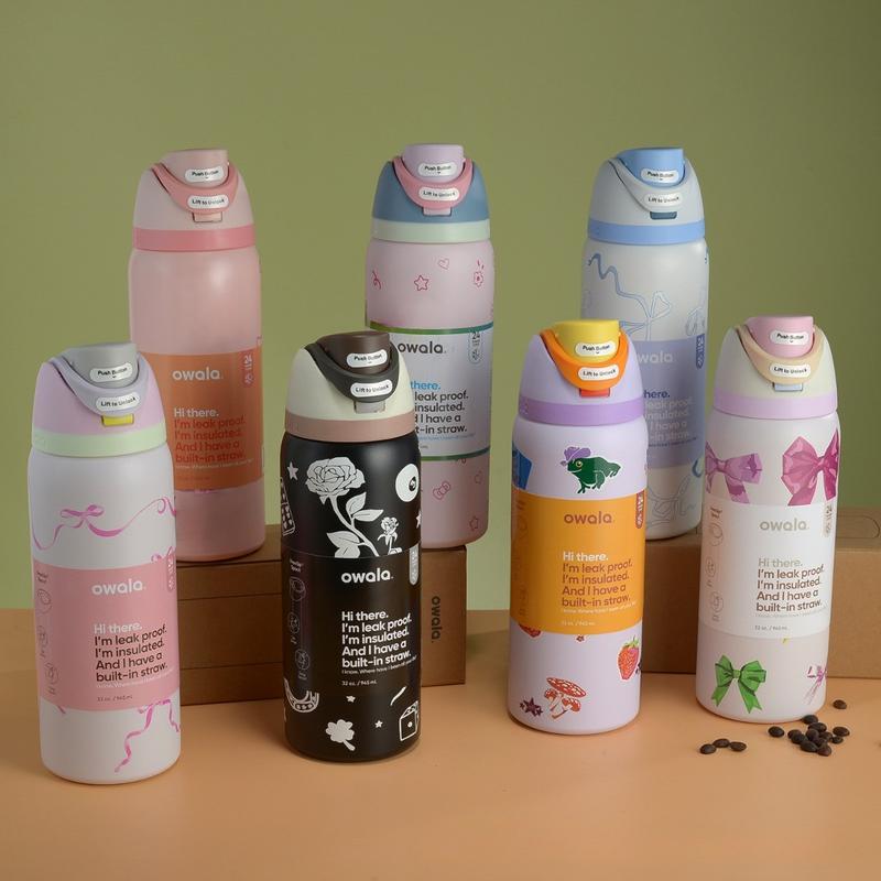 Product Introduction of Limited edition Owala FreeSip Insulated Stainless Steel Water Bottle 32 Oz Leakproof  Lid for Gym Sports Travel Dreamy Field Blue/Pink Bows, Girlhood, Dear Diary, Luck, Sukura, Valentine Pink 0