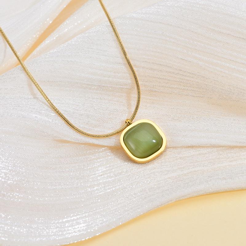 Product Introduction of New Bohemian Necklace Titanium Steel Green Sugar Cube Irregular Square Pendant Versatile Accessories Female Jewelry Gift 1