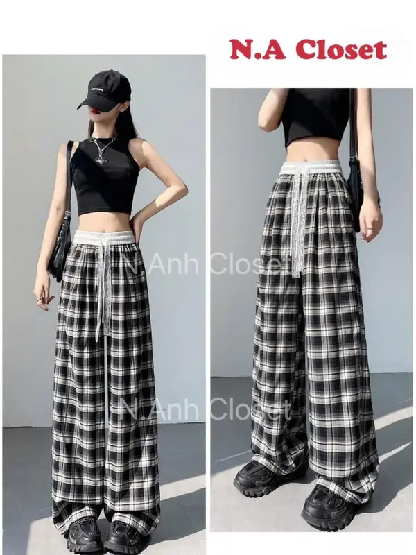 Quần Suông Nữ Kẻ Chất Lụa Non Nhật Mềm Mịn, Cạp Trắng Phối Dây Ren Nữ-Q286 2