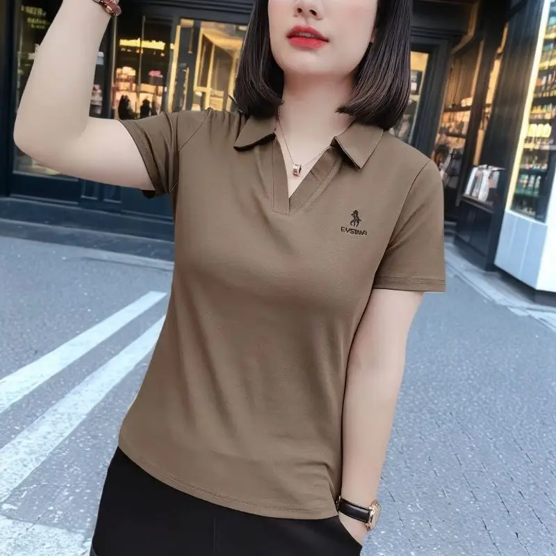 Áo Thun Ngắn Tay, Hàng Mới Về Mùa Hè, Dành Cho Phụ Nữ, Ve Áo, Ngoại Cỡ, Áo Cánh Dáng Rộng, Phong Cách Thường Ngày Áo Polo Mẹ, Áo Phông Trơn Top Women