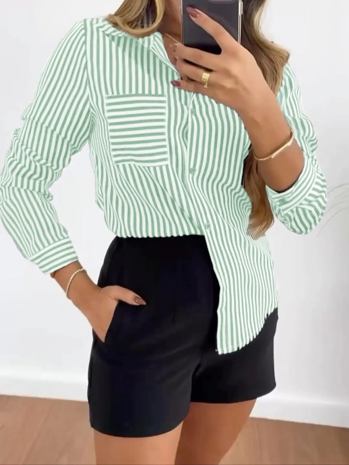 Women's Striped Print Button Shirt, Casual Long Sleeve Collared Top for Daily Wear, Ladies Clothes for All Seasons