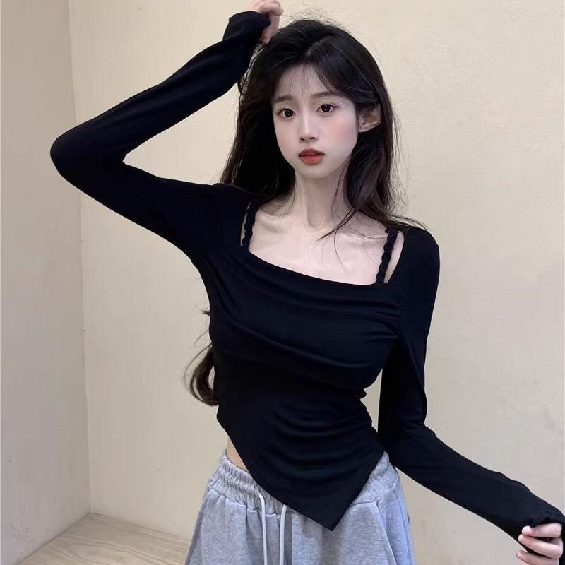 Áo thun body nữ dài tay cổ vuông dây đan vạt chéo hot hit vải nhuyễn tăm óng ánh, dễ mix đồ ôm dáng phong cách Hàn Quốc Top Sơ Mi Voi Shirt 5