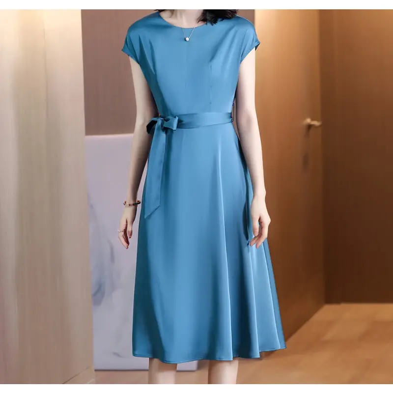 Seve short summer dress for women, round neck, plain, elegant, line A, MIDI, for dinner, party, OL, formal work, Korean, minimalist
