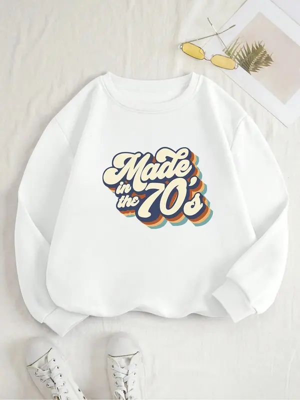 Women's "Made in the 70's" Round Neck Graphic Sweatshirt, Fashion Casual Crew Neck Long Sleeve Pullover for Daily Outdoor Wear, Women's Clothes for Fall & Winter 2