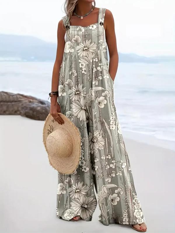 【Plus Size】 All Over Floral Print Button Design Overall Jumpsuit, Casual Boho Sleeveless Wide Leg Jumpsuit for Beach Holiday Vacation, Women's Clothes for Summer, Bohemian Womenswear 3