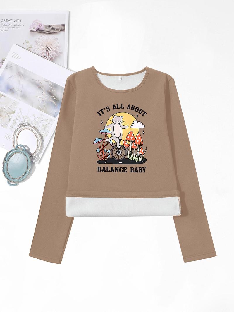 Product Introduction of Women's Cartoon Cat & Letter Print Round Neck Thermal Lined T-shirts, Casual Long Sleeve Crew Neck Tee for Fall & Winter, Women's Clothes for Daily Wear 5