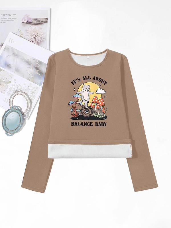 Women's Cartoon Cat & Letter Print Round Neck Thermal Lined T-shirts, Casual Long Sleeve Crew Neck Tee for Fall & Winter, Women's Clothes for Daily Wear 4